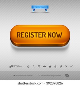 Orange button for webdesign or app on the gray background with shadow. Vector design elements.