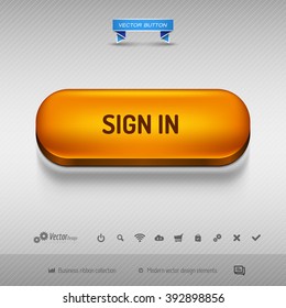 Orange button for webdesign or app on the gray background with shadow. Vector design elements.