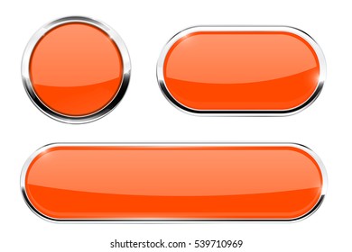 Orange buttons with chrome frame. Vector illustration isolated on white background.