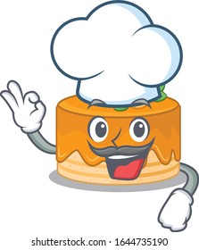 Caricatura de pastel naranja trabajando como chef y usando sombrero blanco