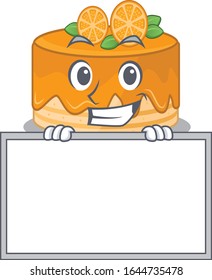 Orange cake cartoon design concept grinning with board