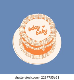 Pastel naranja con crema deliciosa. Texto del bebé de cumpleaños. Estilo retro. Buena comida. Dibujo a mano a la moda ilustración Vector. Elemento de diseño aislado. Fiesta, celebración, concepto de cumpleaños feliz