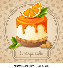 Orange cake dessert with syrup and almonds emblem and food cooking icons on background vector illustration