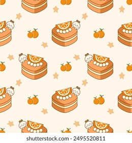 Orange cake rabbit cartoon so cute. On star orange background. Pattern seamless vector illustration. 

