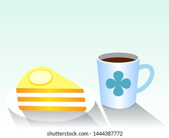 Orange cake in white plate and hot coffee in light blue background and gradient shadow. Side view, Free space for text. Vector Illustration