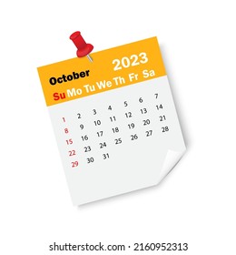 Orange calendar october 2023 with pin. Calendar reminder 2023. Business plan schedule. Vector illustration. stock image.