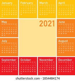 Orange Calendar for Year 2021, in vector format. 