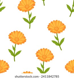 Orange calendula or marigold flowers seamless pattern. Floral background. Vector cartoon botanical illustration.