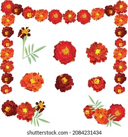 Orange calendula, symbol of the Mexican holiday Day of the Dead. A set of elements for design, flowers, bouquets, garland. Vector stock illustration.