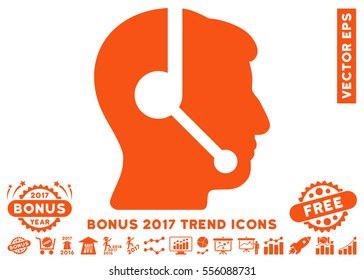 Orange Call Center Operator icon with bonus 2017 year trend images. Vector illustration style is flat iconic symbols, white background.