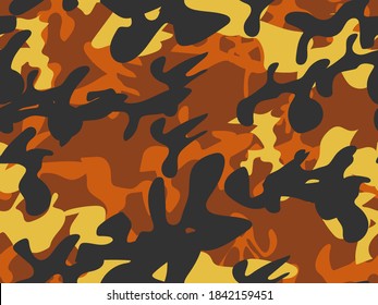 Orange Camo Paint. Brown Camo Print. Urban Camouflage Seamless Brush. Yellow Vector Texture. Abstract Black Canvas. Military Vector Camoflage. Orange Brown Pattern. Repeat Yellow Abstract Camouflage