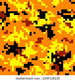 Orange camouflage seamless pattern. Digital pixel tiles on textile. Modern camo uniform, colorful street clothes fabric. Multicolor militaristic or fashion wallpaper flat vector illustration.