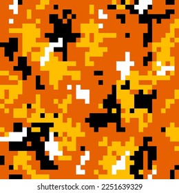Orange camouflage seamless pattern. Digital pixel tiles on textile. Modern camo uniform, colorful street clothes fabric. Multicolor militaristic or fashion wallpaper flat vector illustration.