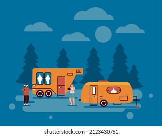 orange campers at night scene