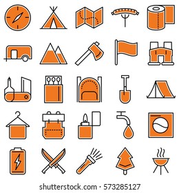 Orange Camping Adventure Campground Symbols Vector Icons Set
