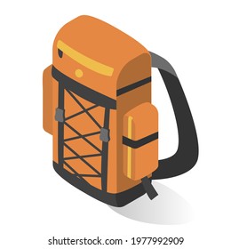 Orange camping backpack vector flat illustration in isometric style. Casual back full of things and equipment for active travel outdoor recreation isolated on white. Huge knapsack for tourism trekking