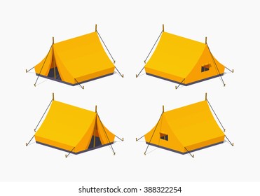 Orange camping tent. 3D lowpoly isometric vector illustration. The set of objects isolated against the white background and shown from different sides