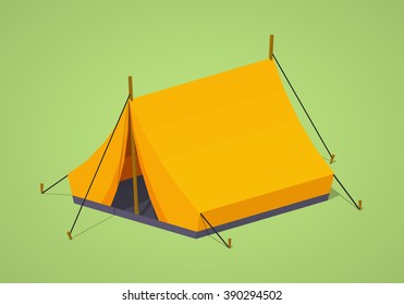 Orange camping tent against the green background. 3D lowpoly isometric vector illustration