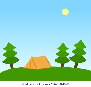Orange camping tent among fir trees, under clear blue skies, vector