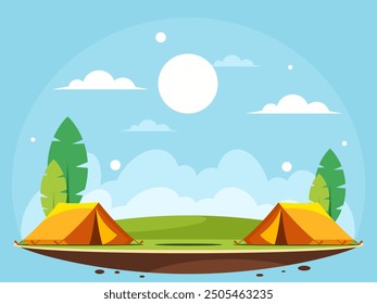 Orange camping tent. Orange camping tent. Green meadow with trees. Rural landscape. Vector graphics