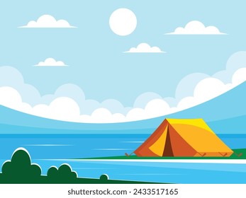 Tienda de camping naranja en la orilla del río. Lago con el telón de fondo de las dunas. Amanecer en el lago. Paisaje natural. Gráficos vectoriales