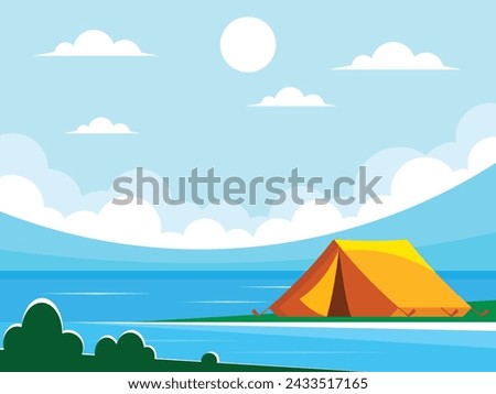 Orange camping tent on the river bank. Lake against the backdrop of dunes. Sunrise on the lake. Natural landscape. Vector graphics