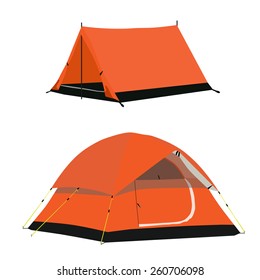 Orange camping tent vector set isolated, camping equipment