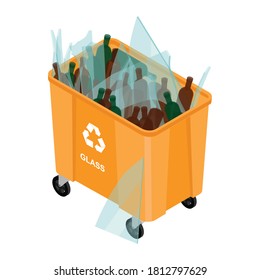 Orange can with sorted glass garbage vector icon. Recycling garbage separation and recycled isolated on white background. Recycling concept - bin full of glass