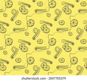 Orange candied slices with cinnamon outline pattern for Christmas and new year packages and invitations seamless background for cookbook