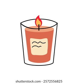 Orange candle in a glass jar with flame and label on a white background.  cozy aromatic candle. Aromatherapy and relaxation. vector illustration 