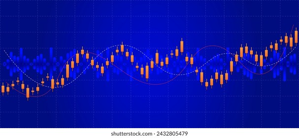 orange candlestick rise pattern with wave bar chart in blue background 