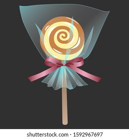 Orange candy on a stick with a pink ribbon bow; Vector illustration