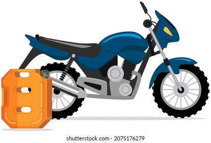 Orange canister with lid near motorbike. Preserving container for storing propane. Canister with fuel for refueling vehicles. Motorcycle refueling substance storage equipment vector illustration