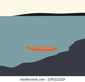 Orange Canoe on the calm waters in mountain lake at sunset time. countryside outdoor. Nature, holiday and vacation concept.