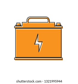 Orange Car battery icon isolated on white background. Accumulator battery energy power and electricity accumulator battery. Lightning bolt symbol. Vector Illustration