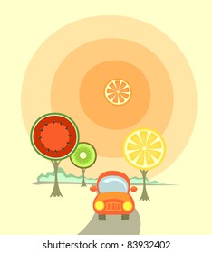 An orange car between fruit-like trees