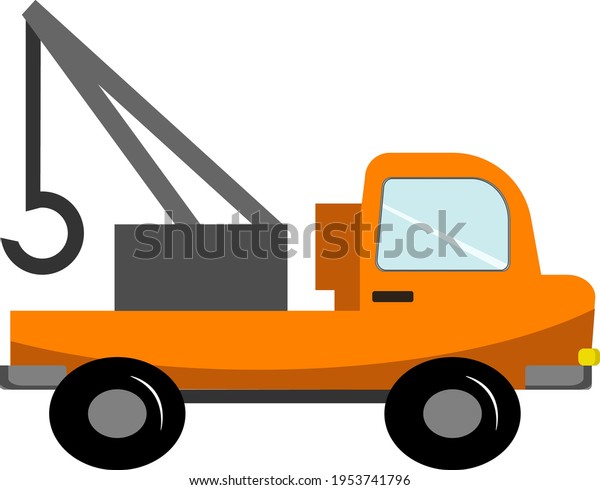 Orange car with a crane childrens toy illustration.\
Construction transport.Vector illustration on white isolated\
background. Drawing for use in prints, patterns, childrens\
products, games, cards\
and
