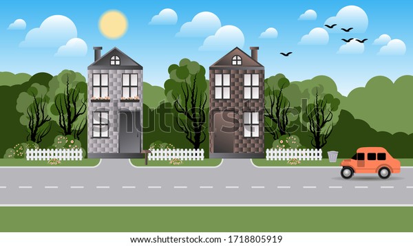 an\
orange car drives along a road past two-story houses with fences,\
trees, bushes, flowerbeds, lawns standing against a forest, a sky\
with the sun, clouds and silhouettes of flying\
birds.