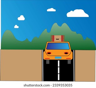orange car driving on the road to the mountains