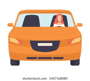 Orange Car with Female Driver, Front View Vector Illustration