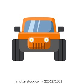 Orange car front view cartoon vector illustration. Orange transport vehicle, orange car with big wheels on white background. Means of transport, travel transportation concept