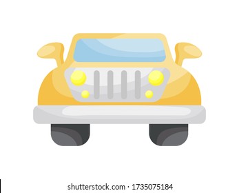 Vista frontal naranja de un coche aislado en fondo blanco, colorido estilo plano del automóvil, diseño sencillo. Ilustración vectorial colorida de dibujos animados planos.  