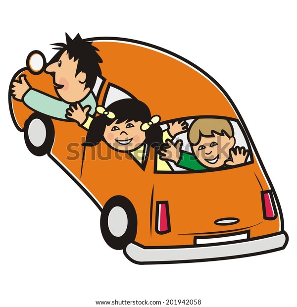 orange car and girl,boy and father, vector icon,\
family trip