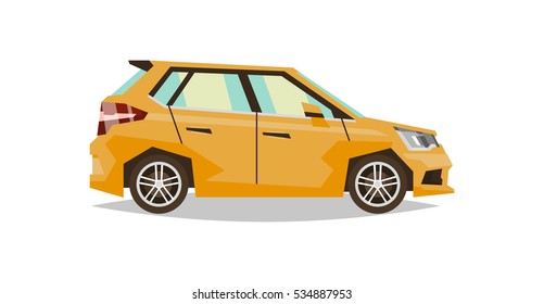 Orange car hatchback. Side view. Transport for travel. Gas engine. Alloy wheels. Vector illustration. Flat style 