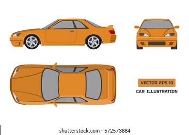 Orange car on a white background. Top, front and side view. The vehicle in flat style. Vector illustration