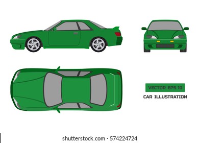 Orange car on a white background. Top, front and side view. The vehicle in flat style. Vector illustration