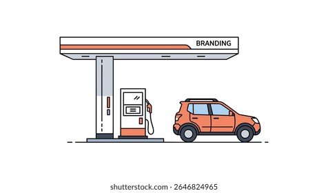 Um carro laranja está estacionado em um posto de gasolina sob um dossel com uma bomba de combustível pronta para o serviço de reabastecimento