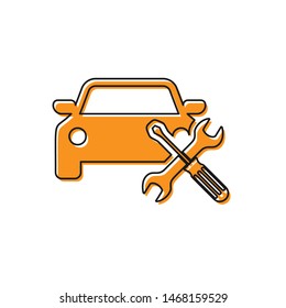 Orange Car with screwdriver and wrench icon isolated on white background. Adjusting, service, setting, maintenance, repair, fixing.  Vector Illustration