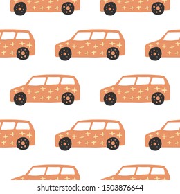 Orange car seamless pattern. Doodle cars vector illustration. Design for fabric, textile print, wrapping paper, children textile.