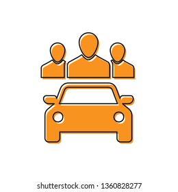 Orange Car sharing with group of people icon isolated on white background. Carsharing sign. Transport renting service concept. Vector Illustration